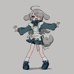  1girl absurdres ahoge animal_ears apron bike_shorts black_footwear black_shirt black_skirt blush bone_hair_ornament collar collared_shirt dog_ears dog_girl dog_tail floppy_ears grey_background grey_eyes grey_hair hair_ornament hair_over_one_eye highres long_hair long_sleeves looking_at_viewer nuinuiwawan_(character) open_mouth outstretched_arms pixel_art pleated_skirt shirt sidelocks simple_background sivcha skirt smile socks solo spiked_collar spikes spread_arms standing tail tongue white_apron white_socks 