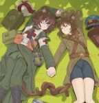  19vodnik 2girls :3 absurdres animal_ear_fluff animal_ear_headwear animal_ears armband belt belt_buckle belt_pouch blue_shorts boots brown_belt brown_eyes brown_hair brown_jacket brown_pants buckle canteen cat_ears cat_girl cat_tail coat collar_tabs collared_coat collared_jacket combat_helmet cross flower german_army germany glasses grass greatcoat grey_coat grey_jacket grey_pants hat helmet highres holding_hands intertwined_tails jacket leather leather_belt leather_boots load_bearing_equipment lying medal medic military military_coat multiple_girls nkvd original outdoors pants peaked_cap pouch red_cross red_eyes round_eyewear sam_browne_belt shadow short_hair shorts soldier soviet soviet_army stahlhelm star_(symbol) striped_clothes suspenders tail uniform vertical-striped_clothes wehrmacht white_armband world_war_ii yuri 