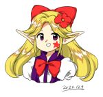  1girl 2023 :d blonde_hair bow bowtie dated elis_(touhou) facial_mark flower hair_bow hair_flower hair_ornament long_hair long_pointy_ears nonamejd official_style pointy_ears puffy_sleeves red_bow red_bowtie red_flower simple_background smile solo star_(symbol) star_facial_mark touhou touhou_(pc-98) upper_body violet_eyes white_background zun_(style) 