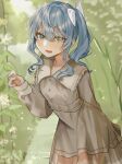  1girl blue_eyes blue_hair blurry bokeh bow brown_dress buttons cowboy curly_hair day depth_of_field dress frilled_shirt_collar frills hair_bow highres hololive hoshimachi_suisei leaf long_sleeves looking_at_viewer lower_teeth_only open_mouth plant see-through see-through_dress side_ponytail sidelocks sleeves_past_wrists solo star_(symbol) star_in_eye sunlight symbol_in_eye teeth tree ueruko virtual_youtuber white_bow 