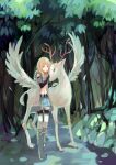  1girl absurdres antlers black_gloves blonde_hair blue_skirt boots braid cape dappled_sunlight day deer deer_antlers elbow_gloves falling_feathers feathered_wings feathers flat_chest flower forest full_body gloves grey_cape grey_footwear highres hime_cut long_hair midriff nature navel outdoors path petting pixiv_fantasia pixiv_fantasia_new_world skirt solo standing sunlight thighlet tree twin_braids winged_animal wings xk_xk yellow_flower 