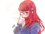  1girl alternate_costume blue-framed_eyewear blue_sweater blush breath commentary_request cup dated fingernails glasses hair_ornament highres holding holding_cup long_hair long_sleeves mug parted_lips persona persona_5 persona_5_the_royal qoo1234 red_eyes redhead scarf signature simple_background sweater white_background yoshizawa_sumire 
