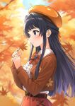  absurdres autumn_leaves b1ack_illust belt belted_skirt black_belt black_hair blue_eyes blue_sky blurry blurry_background blurry_foreground blush bow bowtie brown_bow brown_bowtie brown_headwear brown_jacket clouds commentary_request day falling_leaves frilled_shirt frills highres holding holding_leaf idolmaster idolmaster_million_live! jacket leaf long_hair long_sleeves mogami_shizuka outdoors red_skirt shirt sidelocks skirt sky smile tree upper_body white_shirt wing_collar 