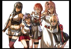  5girls black_border black_skirt blonde_hair border brown_hair character_request grey_skirt headpat highres kantai_collection multiple_girls operation_crossroads prinz_eugen_(kancolle) seitei_(04seitei) shirt skirt stomach white_background white_shirt white_skirt 