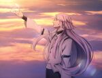  1boy bungou_stray_dogs clouds cloudy_sky highres long_hair long_sleeves mari_(marimaripink) necktie outdoors outstretched_arm purple_hair shirt sky solo sunset upper_body white_necktie white_shirt 