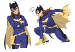  1girl :d batgirl batman_(series) belt bodysuit breasts brown_hair cape cropped_legs crossed_arms dc_comics english_text from_side gloves grin highres jenxd_d looking_at_viewer mask medium_breasts multiple_views pouch smile superhero teeth two-sided_cape two-sided_fabric yellow_cape 