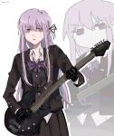  1girl aayoii00 absurdres alternate_costume black_jacket black_ribbon black_skirt black_vest bow bowtie braid collarbone collared_shirt danganronpa:_trigger_happy_havoc danganronpa_(series) grey_hair guitar hair_between_eyes hair_ribbon highres holding holding_guitar holding_instrument instrument jacket kirigiri_kyoko long_hair long_sleeves multiple_views open_mouth pink_eyes playing_guitar pleated_skirt purple_bow purple_bowtie ribbon shirt single_braid skirt sweat vest white_background white_shirt 