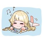  1girl bang_dream! blonde_hair blue_background chibi closed_eyes drawing happy light_blush long_hair lying mnemo_(mnemorikriyairo) musical_note smile solo tsurumaki_kokoro 