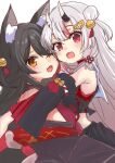  2girls absurdres animal_ear_fluff animal_ears bell black_hair black_sleeves blush center-flap_bangs commentary cowboy_shot detached_sleeves fang hair_bell hair_bun hair_ornament highres hololive hug jingle_bell long_hair looking_at_viewer multicolored_hair multiple_girls nakiri_ayame nakiri_ayame_(1st_costume) one_eye_closed oni ookami_mio open_mouth red_eyes redhead roboro935672 skin_fang smile streaked_hair symbol-only_commentary virtual_youtuber white_hair wolf_ears wolf_girl yellow_eyes 