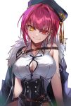  1girl arm_support breasts facing_viewer fur_trim hair_between_eyes hair_intakes hat heterochromia highres hololive houshou_marine houshou_marine_(businesswoman) jacket jacket_on_shoulders kairi_(kai_ri) looking_at_viewer medium_breasts pink_hair popped_button red_eyes redhead shirt short_hair sketch smile upper_body virtual_youtuber waistcoat white_background white_shirt yellow_eyes 