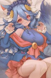  1girl :3 animal_ear_fluff animal_ears arcadia_zero bare_shoulders blue_hair blush breasts claw_pose closed_mouth collared_dress commission dress frilled_dress frilled_hairband frilled_sleeves frills hair_between_eyes hair_ornament hairband highres indie_virtual_youtuber long_hair long_sleeves looking_at_viewer lying metatarou on_back red_eyes skeb_commission smile solo tail thigh-highs virtual_youtuber yellow_thighhighs 