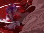  1girl ambiguous_red_liquid bandages commentary fighting_stance floating_hair hair_over_one_eye hakama hakama_pants highres japanese_clothes kaigen_1025 kataginu kimono long_hair meira_(touhou) pants ponytail purple_hair rain ripples solo swinging sword touhou touhou_(pc-98) violet_eyes weapon 