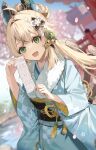  1girl ahoge animal_ears aqua_kimono belt blurry blurry_background cat_ears cat_girl cat_tail falling_petals genshin_impact green_eyes hair_ornament highres holding japanese_clothes kimono kirara_(genshin_impact) kirara_(post_office)_(genshin_impact) long_hair long_sleeves looking_at_viewer motto_(night_wear) multicolored_hair multiple_tails nekomata official_alternate_costume open_mouth outdoors petals sidelocks smile solo streaked_hair tail 