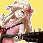  1girl alternate_costume blonde_hair chaos_marie_(grimms_notes) dk_mk2 electric_guitar grimms_notes guitar hair_ribbon heart heart-shaped_pupils highres holding instrument long_hair one_eye_closed open_mouth ribbon shirt simple_background smile solo symbol-shaped_pupils t-shirt yellow_background 