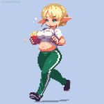  1girl black_footwear blonde_hair blue_background bouncing_breasts breasts elf elf-san_wa_yaserarenai. erufuda-san food french_fries green_eyes holding holding_food large_breasts long_hair navel pants pixel_art plump pointy_ears running sakuemon shirt shoes simple_background sweatpants white_shirt 