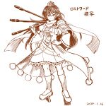  1girl commentary_request dated derivative_work dress greyscale hat high_heels iizunamaru_megumu long_hair monochrome nokimenayu pointy_ears polearm pom_pom_(clothes) shoulder_guard sketch socks solo tokin_hat touhou translation_request trident weapon 