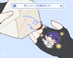  black_gloves blue_background blue_hair caelus_(honkai:_star_rail) character_name chibi closed_mouth dr._ratio_(honkai:_star_rail) fingerless_gloves gloves highres honkai:_star_rail honkai_(series) mail omochi_binta open_hands orange_eyes pov rubber_duck short_hair simple_background solo towel trailblazer_(honkai:_star_rail) translation_request 