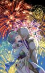  1boy 1girl absurdres arm_around_back bob_cut brown_gloves closed_eyes fire_emblem fire_emblem_heroes fireworks flower gloves hair_flower hair_ornament hetero highres hood hug japanese_clothes kimono kiran_(fire_emblem) kiran_(male)_(fire_emblem) kiss official_alternate_costume seidr_(fire_emblem) seidr_(new_year)_(fire_emblem) toriyoshi_(mmxn3582) white_kimono 