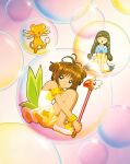  2girls absurdres brown_hair cardcaptor_sakura child closed_eyes daidouji_tomoyo green_eyes happy highres kero kinomoto_sakura multiple_girls official_art open_mouth short_hair smile tail wings 