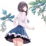  1girl blue_eyes blue_skirt breasts brown_hair commentary_request cowboy_shot facing_away leaf long_sleeves looking_at_viewer looking_back medium_hair original parted_lips plant shirt simple_background skirt small_breasts solo thighs tisato_yuki white_background white_shirt 