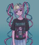  1girl black_shirt blue_background blue_skirt blunt_bangs blush chouzetsusaikawa_tenshi-chan closed_mouth collarbone cowboy_shot eencya gun long_hair looking_at_viewer multicolored_hair needy_girl_overdose official_art pink_hair pixel_art print_shirt quad_tails second-party_source shirt short_hair sidelocks skirt solo t-shirt very_long_hair weapon white_hair 