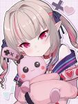  1girl armband blue_sailor_collar blush collar grey_hair hair_ribbon heart highres holding holding_stuffed_toy jacket looking_at_viewer makaino_ririmu makaino_ririmu_(4th_costume) mocha_k31 multicolored_hair neckerchief nijisanji pink_eyes pink_hair pink_jacket pout red_collar red_neckerchief ribbon sailor_collar school_uniform serafuku solo streaked_hair stuffed_animal stuffed_rabbit stuffed_toy two-tone_hair two_side_up virtual_youtuber 