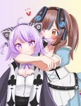  2girls absurdres ahoge arms_around_neck biting_hair black_choker black_hairband blue_dress blush bow_hairband brown_eyes brown_hair cat_girl chest_belt chest_harness choker closed_mouth commentary_request dog_girl dress gradient_background hairband harness heart highres hololive inugami_korone inugami_korone_(6th_costume) jewelry key key_necklace long_hair looking_at_another looking_at_viewer mahadara multicolored_hair multiple_girls necklace nekomata_okayu nekomata_okayu_(6th_costume) o-ring o-ring_choker official_alternate_costume official_alternate_hairstyle one_eye_closed pink_background potion purple_hair shirt short_hair simple_background smile streaked_hair swept_bangs two_side_up upper_body vial violet_eyes virtual_youtuber white_background white_shirt yuri 