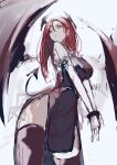  1girl absurdres bat_wings black_skirt black_thighhighs black_vest bound bound_wrists breasts demon_tail hair_between_eyes head_wings highres koakuma large_breasts large_wings long_hair looking_at_viewer po_(anhk5528) red_eyes redhead shirt short_sleeves side_slit sidelocks simple_background sketch skindentation skirt skirt_set slit_pupils solo tail thigh-highs touhou v_arms vest white_background white_shirt wings zettai_ryouiki 