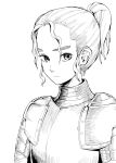  1girl armor breastplate closed_mouth commentary forehead greyscale high_ponytail highres knight looking_at_viewer monochrome mrsusan_desu original pauldrons plate_armor short_hair shoulder_armor solo upper_body 