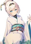  1girl aqua_nails blonde_hair blue_eyes blue_sash blush brooch highres hololive japanese_clothes jewelry kazama_iroha kimono kisara_mikami long_hair looking_at_viewer nail_polish obi sash solo virtual_youtuber white_background 