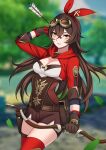  absurdres amber_(genshin_impact) bow_(weapon) brown_hair brown_shorts genshin_impact goggles goggles_on_head highres keiita pouch red_ribbon ribbon shorts weapon 