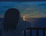  1boy absurdres against_railing avogado6 cigarette clouds commentary from_behind grey_hair highres holding holding_cigarette light_reflection_(water) long_hair long_sleeves looking_to_the_side ocean original railing shirt smoking solo sunrise white_shirt 