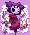  1girl arthropod_girl black_eyes bow colored_skin commentary cup dress english_commentary english_text extra_arms extra_eyes fangs feet_out_of_frame hair_bow heart heart_print highres holding holding_teapot light_blush limb92 looking_at_viewer monster_girl muffet one_eye_closed open_mouth pink_background pouring print_cup puffy_dress puffy_short_sleeves puffy_sleeves purple_hair purple_skin red_bow red_dress short_hair short_sleeves short_twintails simple_background smile solid_eyes solo spider_girl tea teacup teapot text_background twintails undertale 