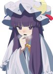  1girl blunt_bangs blush bow bowtie breath capelet clenched_hand crescent crescent_hat_ornament dress frilled_capelet frills hand_up hat hat_ornament heavy_breathing highres long_hair looking_at_viewer mob_cap nanashi_nasi open_mouth patchouli_knowledge purple_hair sidelocks simple_background solo touhou upper_body white_background white_capelet white_dress white_headwear wide_sleeves yellow_bow yellow_bowtie 