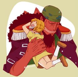  1boy 1girl affectionate bandana beard blonde_hair brown_footwear child closed_eyes coat colored_skin crying dress english_commentary epaulettes facial_hair fish_boy fisher_tiger green_shirt hug koala_(one_piece) long_hair motolokiev one_piece profile purple_coat red_skin shirt shoes short_hair smile socks white_socks yellow_dress 