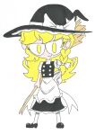  absurdres black_dress black_footwear blonde_hair broom dress eureland hair_ribbon hand_on_own_hip hat highres kirisame_marisa long_hair redesign ribbon touhou white_background white_ribbon witch witch_hat yellow_eyes 