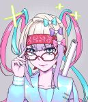  1girl adjusting_eyewear blue_bow blue_eyes blue_hair blue_shirt blunt_bangs bow chouzetsusaikawa_tenshi-chan closed_mouth eencya glasses grey_background hair_bow hand_up headband long_hair long_sleeves looking_at_viewer multicolored_hair nail_polish needy_girl_overdose official_art otaku pink_bow pink_hair pink_lips pixel_art purple_bow quad_tails red-framed_eyewear red_headband sailor_collar second-party_source shirt smile solo sparkle upper_body white_hair 