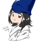  1boy 2023 :o black_hair blue_headwear dated hat looking_at_viewer medium_hair nonamejd official_style red_eyes shingyoku_(male) shingyoku_(touhou) simple_background solo tate_eboshi touhou touhou_(pc-98) upper_body white_background zun_(style) 