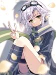  1girl antenna_hair coat crop_top eiyuu_densetsu falling_petals fie_claussell goggles goggles_on_head green_eyes hair_between_eyes looking_at_viewer natsusechoco petals scarf sen_no_kiseki sen_no_kiseki_ii short_hair shorts sitting solo v white_hair 