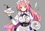  ! 1girl :o apron black_ribbon breasts cake character_name coffee coll_(erichankun) copyright_name dress earrings food frills girls_frontline grey_background holding holding_plate jewelry long_hair long_sleeves looking_at_viewer maid maid_headdress ntw-20_(girls&#039;_frontline) ntw-20_(the_aristocrat_experience)_(girls&#039;_frontline) official_alternate_costume open_mouth pink_eyes pink_hair plate ribbon simple_background solo stud_earrings very_long_hair 