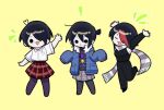  1girl artist_request black_hair blue_jacket closed_eyes closed_mouth commentary_request jacket knives_chau korean_commentary open_mouth redhead scarf scott_pilgrim_(series) shirt short_hair simple_background skirt smile solid_circle_eyes standing yellow_background 