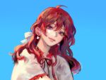  1girl akatsuki_no_yona bad_id bad_twitter_id blue_background commentary_request earrings hair_between_eyes jewelry korean_commentary looking_at_viewer medium_hair neck_ribbon redhead ribbon solo upper_body violet_eyes yona_(akatsuki_no_yona) yona_hyeon 