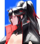  1girl absurdres black_hair black_jacket fake_horns hair_between_eyes headgear highres horns jacket long_hair lucia:_plume_(punishing:_gray_raven) lucia_(punishing:_gray_raven) mafrn3_(g03s) mechanical_parts multicolored_hair parted_lips punishing:_gray_raven red_eyes redhead sidelocks small_horns solo streaked_hair twintails 