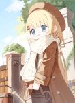  1girl :o beret blonde_hair blue_eyes blue_sky blush breath brown_coat brown_headwear bucket clouds coat commentary_request day faucet flower_girl_(yuuhagi_(amaretto-no-natsu)) grey_skirt hair_ornament hairclip hat holding long_hair long_sleeves open_clothes open_coat open_mouth original outdoors pleated_skirt scarf shirt skirt sky sleeves_past_wrists solo standing very_long_hair watering_can white_scarf white_shirt wide_sleeves x_hair_ornament yuuhagi_(amaretto-no-natsu) 