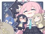  5girls ahoge animal_ear_fluff animal_ears ayane_(blue_archive) black_hair black_skirt blue_archive blue_mask blue_necktie blush_stickers brown_vest cat_ears chibi closed_eyes collared_shirt glasses hair_bun hair_ornament hoshino_(blue_archive) jacket light_brown_hair long_hair long_sleeves medium_hair money_bag multiple_girls necktie no_nose nonomi_(blue_archive) open_clothes open_jacket parted_lips pink_hair red-framed_eyewear serika_(blue_archive) shiroko_(blue_archive) shirt single_hair_bun skirt sleeping umihio very_long_hair vest white_shirt zzz 