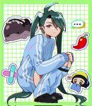  ... 2girls ahoge bandaid black_footwear blue_sweater border bright_pupils chibi chibi_inset chili_pepper clodsire closed_mouth clothed_pokemon commentary earrings genjitsu_o_miro green_border green_hair heart highres jewelry leg_warmers long_hair maid_headdress multiple_girls outside_border pokemon pokemon_(creature) pokemon_sv poppy_(pokemon) red_eyes rika_(pokemon) shoes sitting smile solid_circle_eyes spoken_ellipsis spoken_heart squatting sweater swept_bangs symbol-only_commentary track_uniform twintails white_pupils 