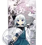  1girl black_bow black_bowtie blue_eyes blue_skirt blue_vest bob_cut bow bowtie cherry_blossoms commentary grey_hair hakugyokurou hand_on_hilt highres holding holding_sword holding_weapon kaigen_1025 katana konpaku_youmu konpaku_youmu_(ghost) long_sleeves looking_at_viewer outdoors outside_border parted_lips perfect_cherry_blossom pillarboxed sheath sheathed shirt short_hair skirt skirt_set solo stairs standing straight-on sword tassel touhou upper_body vest weapon white_shirt zun_(style) 
