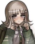  1girl blunt_bangs blush brown_eyes brown_hair collared_shirt danganronpa_(series) danganronpa_2:_goodbye_despair dress_shirt flipped_hair galaga green_jacket green_shirt grey_background grey_shirt hands_up jacket long_sleeves medium_hair mi_(bgdbgj) nanami_chiaki neck_ribbon pink_ribbon pout ribbon shirt simple_background solo two-tone_shirt upper_body 