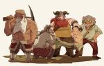  0121huiii 5boys :i aged_down bald beard black_hair blush boots braid braided_ponytail brigan brown_footwear brown_hair brown_pants carrying_over_shoulder child clenched_hand dungeon_meshi dwarf facial_hair fake_horns fur_trim gillin glasses gnome green_eyes grey_hair grey_pants grin hair_slicked_back hand_on_another&#039;s_head hand_on_own_chin hand_on_own_hip headpat height_difference helmet hiding hiding_behind_another highres holding holding_pickaxe horned_helmet horns invar lantern long_beard long_eyebrows looking_at_another looking_back looking_down multiple_boys multiple_scars muscular muscular_male mustache nervous nervous_sweating noor nose_blush on_one_knee outstretched_arm oversized_clothes pants pickaxe pince-nez red_eyes red_pants redhead round_teeth sandals scar senshi_(dungeon_meshi) shirt shoes short_hair side_braid simple_background single_braid sleeveless smile standing stroking_own_chin sweat teeth thick_eyebrows thinking topless_male white_background white_shirt yellow_shirt 