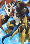  absurdres armor digimon digimon_(creature) dragon helmet highres imperialdramon imperialdramon_dragon_mode nigreenwalker no_humans red_wings sharp_teeth short_hair spikes tail teeth white_hair wings 